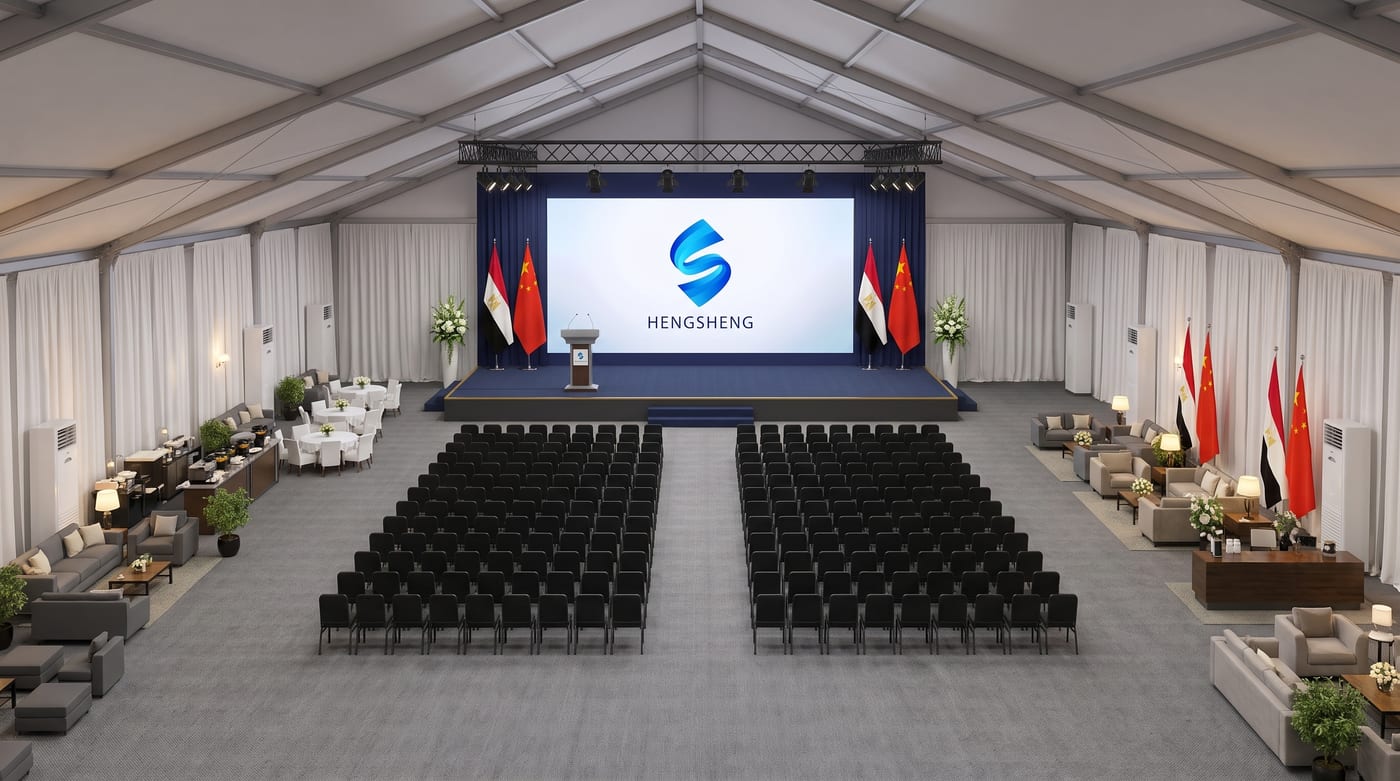 Bird's-eye isometric layout — full event tent