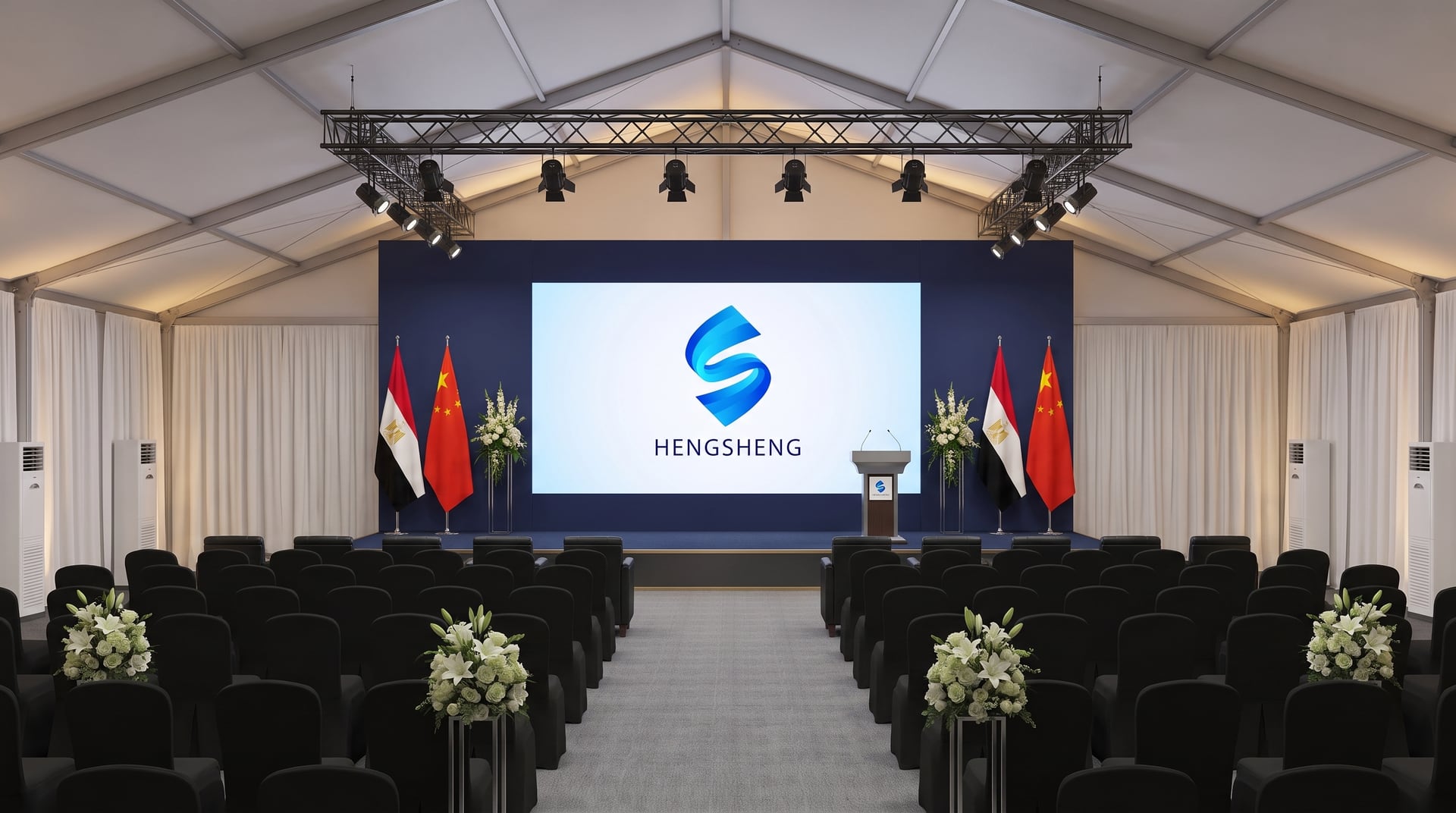 HENGSHENG pavilion interior — hall to stage, Egypt and China flags